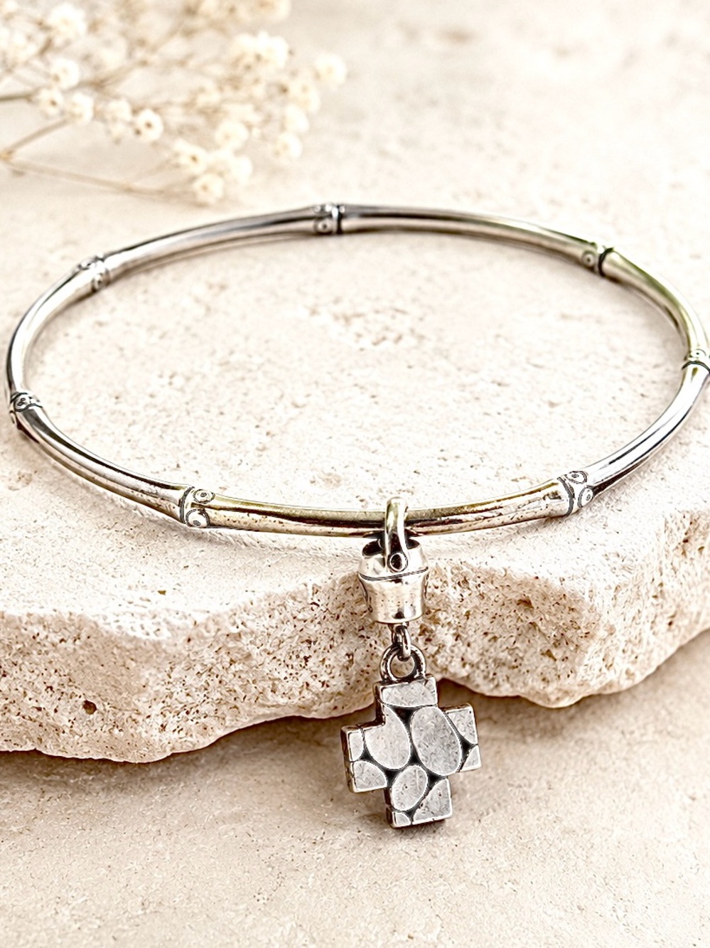John Hardy Bamboo Kali Cross Charm Bangle Bracelet Sterling Silver 925